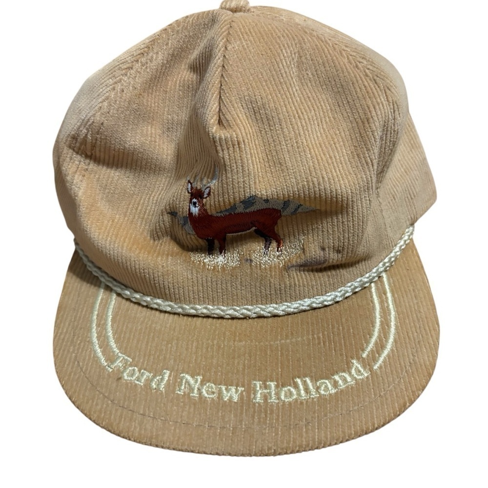 Vintage Brown Corduroy Ford New Holland Hat K Products Made in USA Deer Trucker